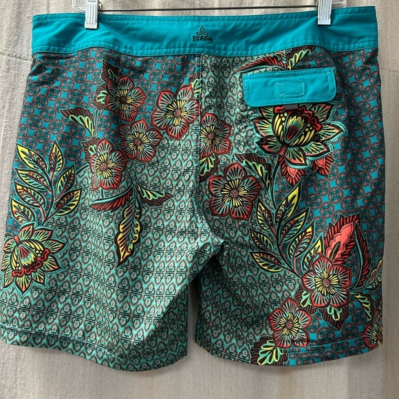 Prana Teal and Brown Floral Swim / Surf Shorts / L - Picture 5 of 11